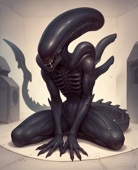 score_9, score_8_up, score_7_up, score_6_up, score_5_up, score_4_up, source_furry, alien, xenomorph, black body, black skin, feet, nightmare fuel, solo, spiked tail, spikes, spikes \(anatomy\), tail, female, darkness, inside, space station, spacecraft, looking at viewer, front view, hand on calf
<lora:xenomorph_pdxl:1>