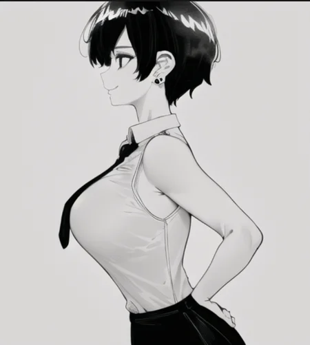 beautiful, masterpiece, best quality, extremely detailed face, perfect lighting, 1girl, solo, norman maggot, <lora:Norman Maggot:1>, bare shoulders, breasts, collared shirt, earrings, from side, greyscale, hand on hip, jewelry, large breasts, monochrome, necktie, office lady, shirt, short hair, simple background, skirt, sleeveless, sleeveless shirt, smile, solo, white background