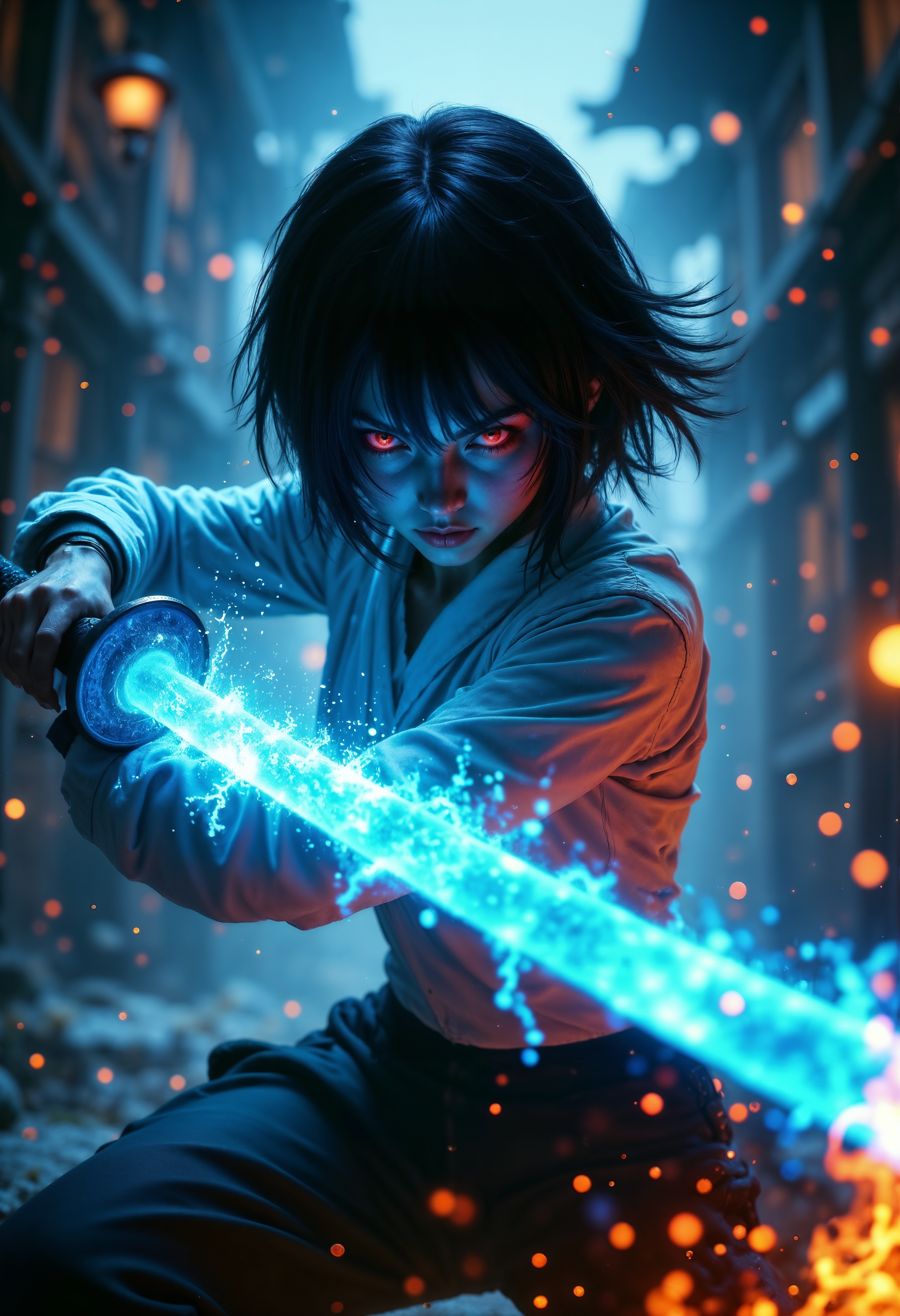 R3alisticF, A woman in black pants and a white top wields a glowing blue katana. Her short black hair partially obscures her intense, red-eyed gaze. Sparks and embers fly around her in the dimly lit, blurred background. Anime style, high contrast, and saturated colors.  <lora:FluxMythR3alisticF:1>