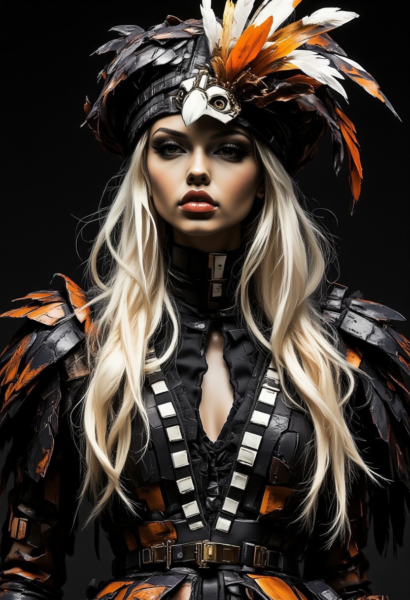 japanese supermodel, long platinum hair, dark eyeshadow, red lips, wearing a masquerade costume, with a hat fashioned out of feathers to resemble an eagle's head, and a feathered dress, dark background, silhouetted, chiascuro, midjourney_whisper_avant_couture