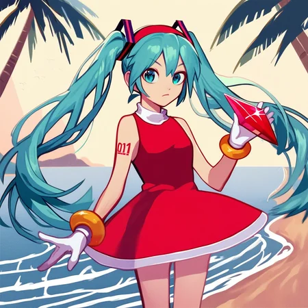 score_8, score_8_up, score_7_up, source_anime, Hatsune Miku, aqua hair, twintails, aqua eyes, AR_fu_ku, red headband, hairband, turtleneck dress, sleeveless dress, halter dress, red dress, short dress, circle skirt, bracelet, gloves, white gloves, cowboy shot, standing, outdoors, beach, water, holding emerald, palm tree, tropical, chaos emerald,