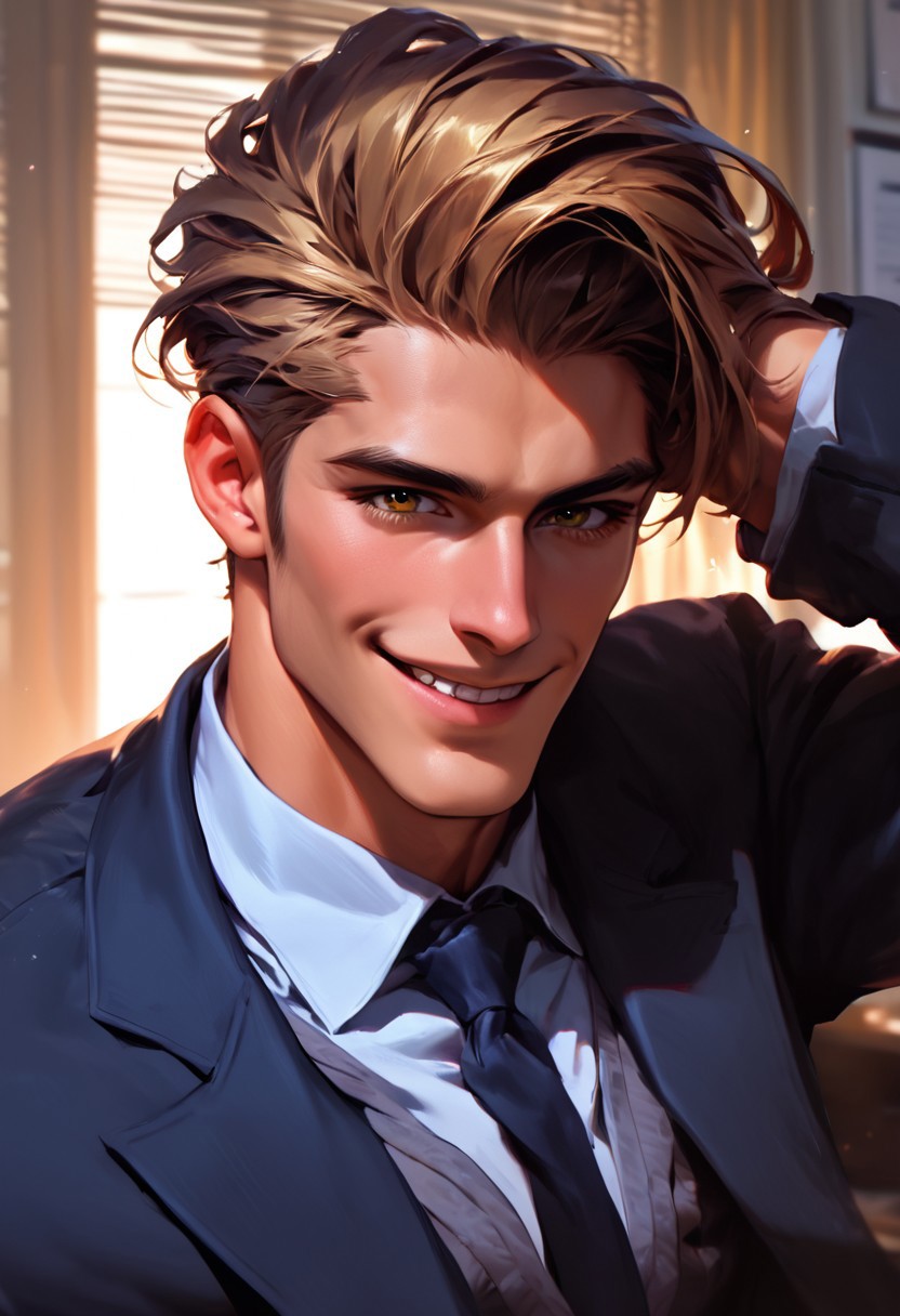 score_9,score_8_up,score_7_up, handsome 30 yo business man posing, smile, office, head and upper body shot, comb over hair, looking at viewer
