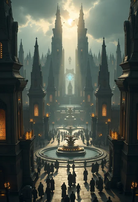 dark sci-fi psychological horror in warhammer 40k, A vast outdoor courtyard of the Adeptus Administratum, bustling with hundreds of robed bureaucrats moving in ordered lines, their arms burdened with scrolls and ledgers. Massive stone statues of the Emperor and Imperial saints tower above, carved with inscriptions of duty and loyalty. Servitors with augmented limbs stand motionless, holding banners of the Imperium, while administrative drones zip between towering gothic buildings adorned with aquilas and glowing runes. The sky is overcast with dark clouds, rays of light piercing through to illuminate the central fountain, which depicts the balance of judgment and law. Hyper-detailed, cinematic, a mix of muted grays and gold tones, captured with a DJI Mavic Air 2 for an expansive aerial perspective.aidmaMJ6.1