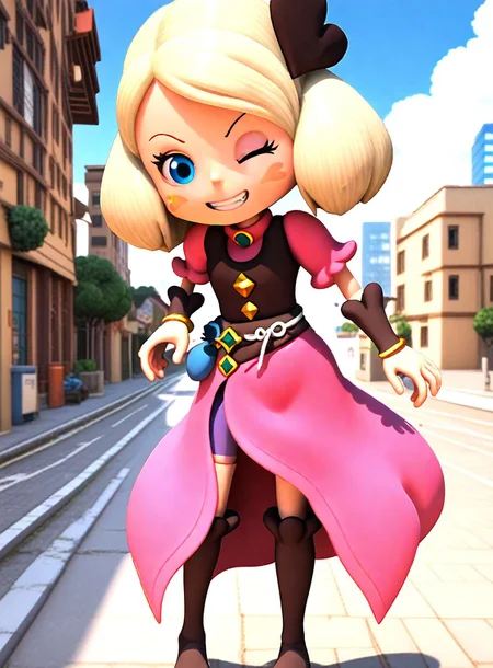 <lora:Hyper-SDXL-8steps-lora:1> <lora:Fixhands_anime_bdsqlsz_V1:1>score_9, score_8_up, score_7_up, source_anime, intricate details, perfect anatomy BREAK
1girl, sw-mayone, blonde hair, short hair, heart hair ornament, blure eyes, blush stickers, pink dress, brown vest, sw-mayone outfit, purple bike shorts, brown thigh boots,
dynamic pose, Naughty, A mischievous grin, a wink, and a playful attitude.,
outdoors, city, tokyo,
<lora:sw-mayone_XL(pony)v11:1>