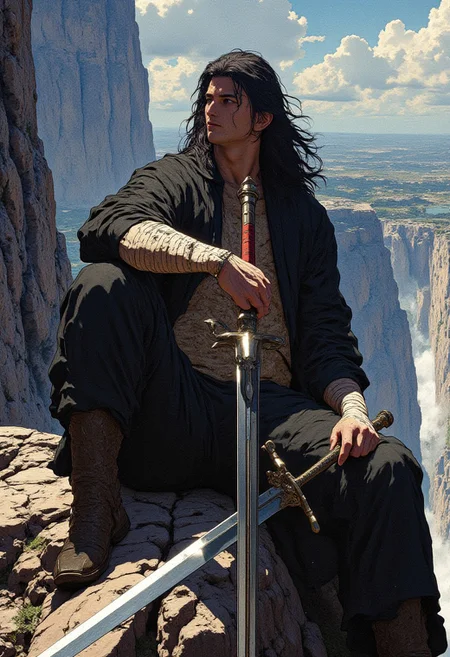 A a man wearing black robes sitting on the edge of a cliff. One knee up by his chest. He has bandages on his abdomen under his robes (in the style of bleach). A large sword lays on the ground next to him. He has long black hair. 
Full body
Cinematic lighting, volumetric lighting, 8k quality