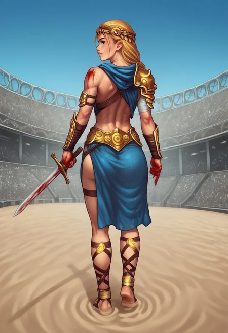 1girl, (((back view))), illustration, highly detailed, skinny, model body, looking at viewer, 1girl, masterpiece, best quality, femgladiator, scar, bloody, dynamic pose, <lora:Gladiator_F_For_Honor:0.9>
BREAK
(((((Thracian gladiator armor, holding wide long sword in hands))))), ((((dynamic pose))))
long hair, blonde hair, big hair, blue eyes,
(((a short soft tunic, arms and legs bandaged with tight bandages, leggings worn)))
best quality, depth of field, bokeh, (((full clothed))),
BREAK
((((outdoor, gladiator arena, sand, colosseum, bloody, gore:1.2)))) score_9, score_8_up, score_7_up, score_6_up, source_cartoon, rating_explicit, Expressiveh, ((((full body))))), dynamic pose,