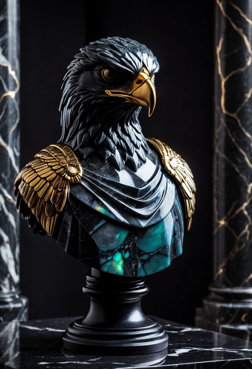 Fujifilm XT3, Sony A7 IV, (award winning photography) a (black: 0.79) marble simple (stylized: 1.49) (anthropomorphic hawk) bust statue made of opal (Kintsugi: 0.89) set on a pedestal in temple, glistening. in the background beautiful pillars, divine (iridescent: 0.79), opalescent textures, volumetric light, ethereal, sparkling, studio photo, highly detailed, sharp focus (highest quality: 1.39) (highest coherency: 1.39) (award winning photography), highly detailed photography, (muted colors, cinematic, dim colors, soothing tones:1.2), vibrant, insanely detailed, hyperdetailed, (dark shot:1.2), (vsco:0.3), (intricate details:0.9), (hdr, hyperdetailed:1.2) (vignette), sss, raw photo, fijifilm, kodak, cinematic film grain, mesopotamian, babylonian