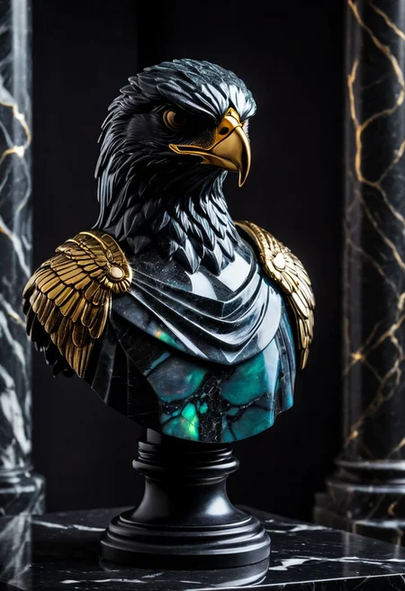 Fujifilm XT3, Sony A7 IV, (award winning photography) a (black: 0.79) marble simple (stylized: 1.49) (anthropomorphic hawk) bust statue made of opal (Kintsugi: 0.89) set on a pedestal in temple, glistening. in the background beautiful pillars, divine (iridescent: 0.79), opalescent textures, volumetric light, ethereal, sparkling, studio photo, highly detailed, sharp focus (highest quality: 1.39) (highest coherency: 1.39) (award winning photography), highly detailed photography, (muted colors, cinematic, dim colors, soothing tones:1.2), vibrant, insanely detailed, hyperdetailed, (dark shot:1.2), (vsco:0.3), (intricate details:0.9), (hdr, hyperdetailed:1.2) (vignette), sss, raw photo, fijifilm, kodak, cinematic film grain, mesopotamian, babylonian