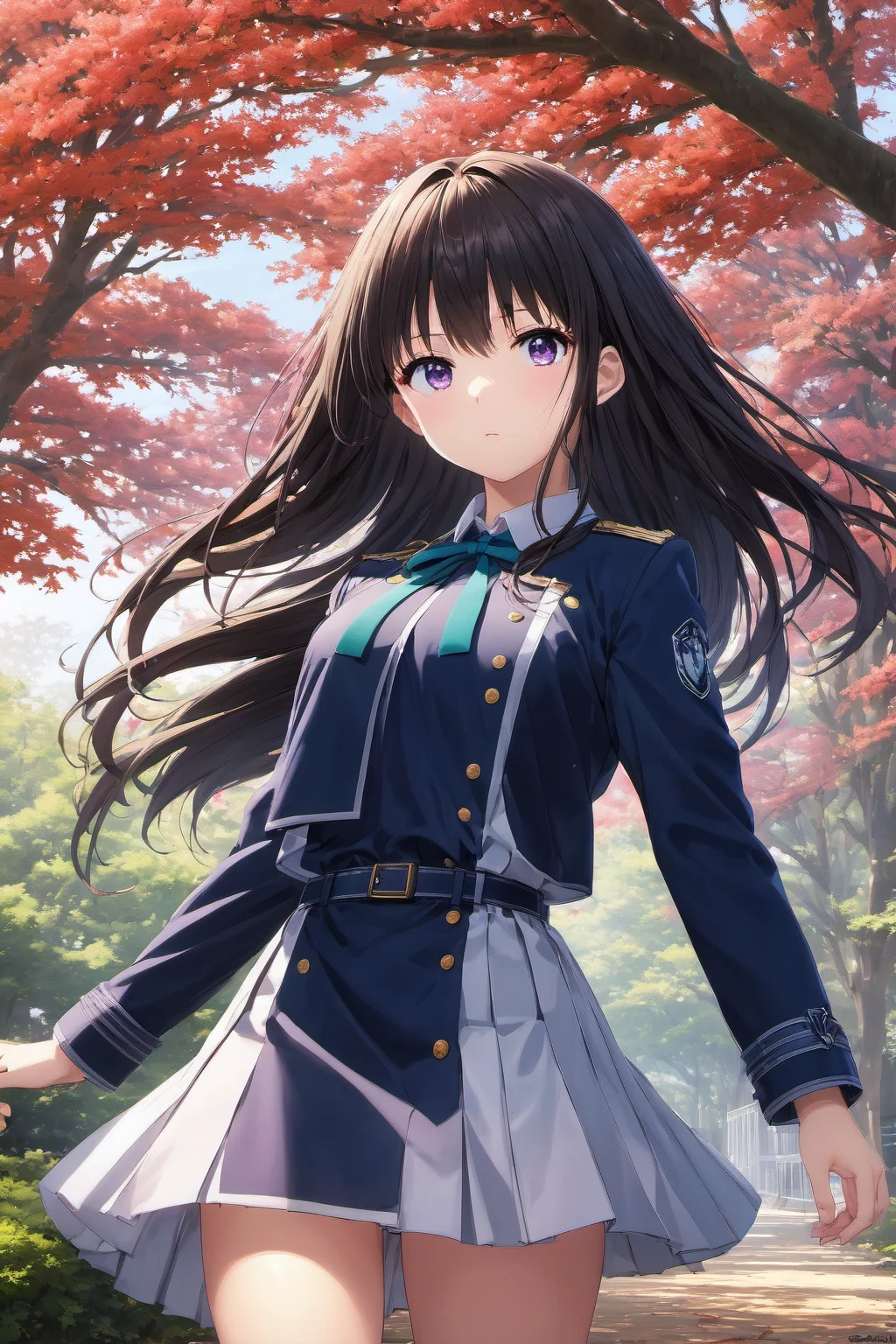 masterpiece,best quality,extremely detailed 8K wallpaper,inoue takina, purple eyes,1girl,lycoris uniform,full boyd,standing,