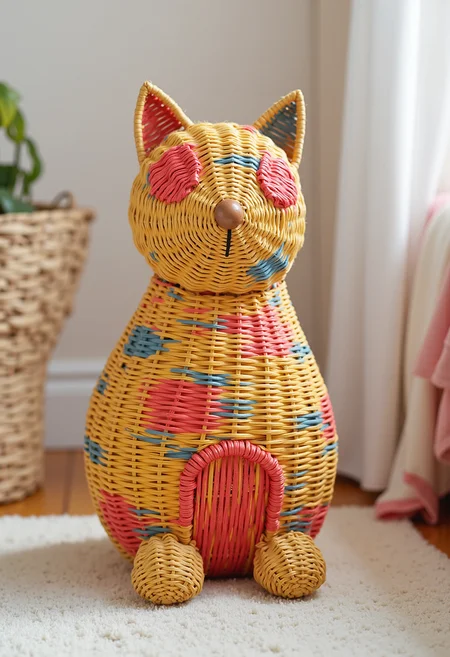 wkrstyle a cat, from colorful materials, in a room, sitting on a floor,