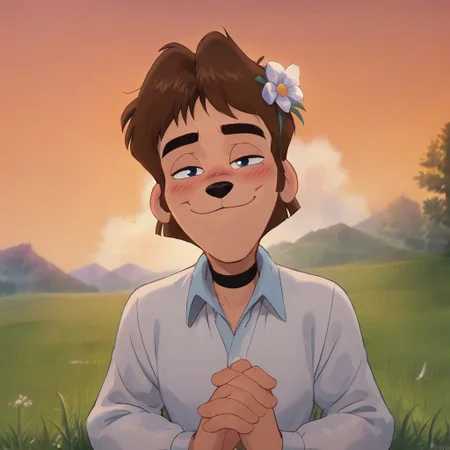 bradleyuppercrust, 1boy, dog nose, animal ears, furry male, short hair, brown hair, blue eyes, solo, hair flower, grass, shy smile, choker, white shirt, collared shirt, ruffle on shirt, puffy sleeves, long sleeves, pov, blush, outdoors, retro artstyle, score_9, score_8_up, score_7_up, score_6_up, score_5_up, score_4_up, looking at viewer, soft lighting, sunset, orange sky, clouds, wheat field, half-closed eyes, light pose, airy fabrics, off shoulder, sitting on grass, white flowers:1.6, upper body, cartoon screenshot, cartoon, ((left hand straightens hair)), relaxed pose, soft, calm,