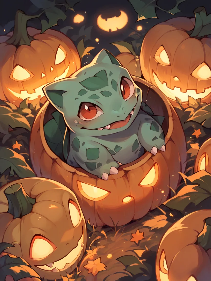 score_9, score_8_up, score_7_up, score_6_up, score_5_up,   <lora:halloweenpokemonXLP:0.7> halloween pokemon, no humans, jack-o'-lantern, (bulbasaur:1)