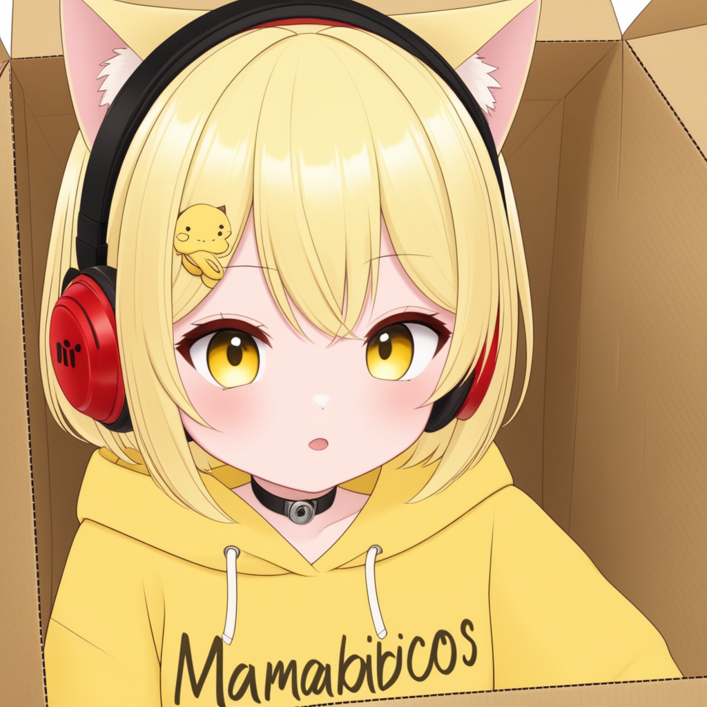 nyana, mamabichos text on shirt, cat girl, cat ears, blonde hair, big eyes, hair ornament, short hair, red headphones, solo,
sitting inside a cardboard box, yellow hoodie, 
 <lora:NYANA-XL-t2:0.6>