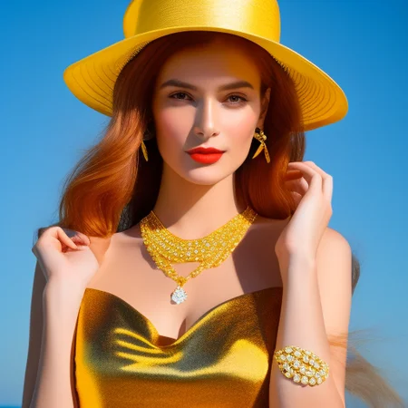 samdoesarts, a woman with red hair wearing a yellow hat and gold jewelry and a yellow dress and gold earrings, 1girl, artist name, brown eyes, choker, earrings, hat, jewelry, lips, long hair, looking at viewer, parted lips, solo, sun hat, wavy hair