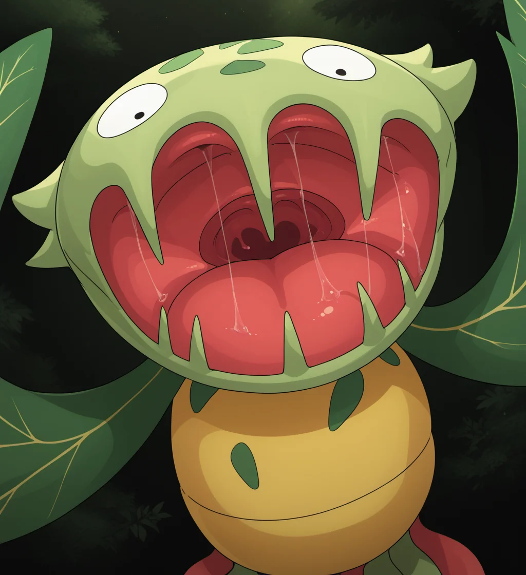 score_9, score_8_up, score_7_up, high res, absurd res, digital media (artwork), source_furry, solo focus, ambiguous gender, gaping mouth, mawshot, saliva string, forest background, <lora:lowres_concept_ponyXL_v1:-0.3> <lora:Carnivine:0.8> carnivine, flora fauna, flesh fang, big head, big mouth, leaf arms, tendrils, noseless, green fangs, multicolored body, green spots, simple eyes, looking down