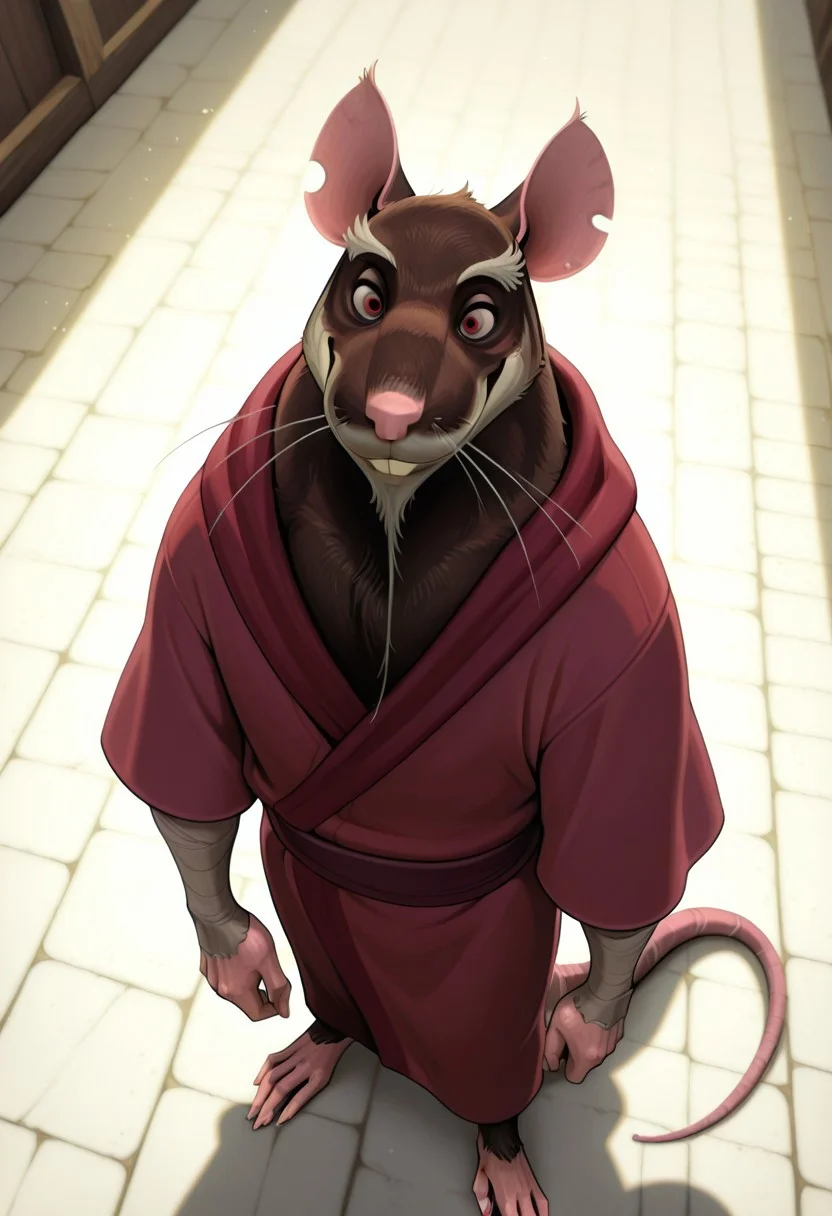 MasterSplinter2012, brown fur, rat, animal, 1boy, male focus, furry male, rat tail, red eyes, detailed eyes, seductive, sash, bandages on arms, score_9, score_8_up, score_7_up, score_6_up, score_5_up, score_4_up, (red robe:1) ,standing up, plantigrade, seen from above, nice angle, (detailed mouth:1), (realistic:1),  (fullbody:1), light effects, simple background, smiling at viewer, (white chin:1), (detailed face:1), good looking face
