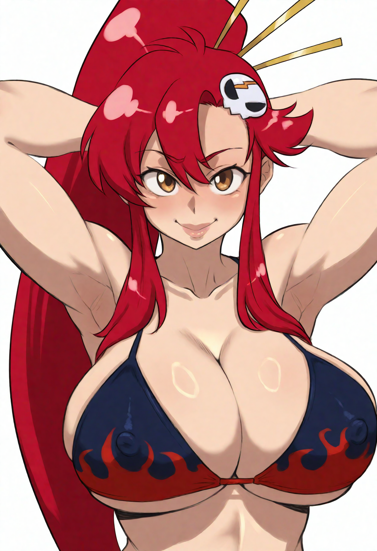 <lora:DittochadNoob02TWanyretag:1> M1C3S3D7C1H4B8L8R,
1girl, huge breasts, yoko littner, red hair, bikini top only, swimsuit, long hair, skull hair ornament, covered nipples, smile, cleavage, armpits, ponytail, brown eyes, lips, arms behind head, arms up, hair stick, upper body, blush,
saturated, rich_colors,masterpiece, best_quality, very_awa, absurdres, very_as2, hdr, High_dynamic_range, rich_details, clear_shadows_and_highlights, intense, enhanced_contrast, highly_detailed, amazing_quality, very_aesthetic