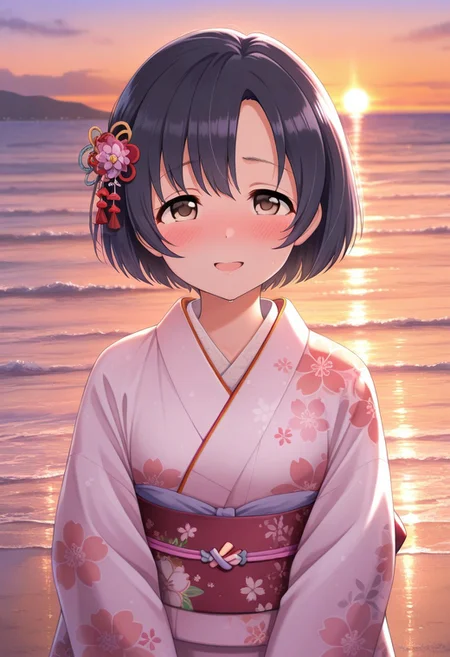 masterpiece,best quality,amazing quality, shiragiku hotaru, short hair, black hair, brown eyes, 1girl, japanese clothes, solo, kimono, hair ornament, floral print, outdoors, looking at viewer, ocean, smile, blush, sunset, open mouth