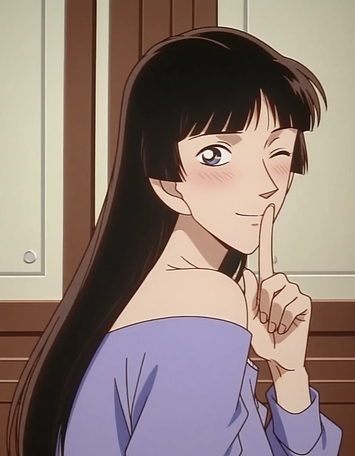 1girl,solo,anime screencap,<lora:nagato_yasue_conan_v1_IL:1>,nagato yasue,(meitantei conan:0.4),flat color,
blue eyes, black eyes,brown hair,black hair, long hair,bare shoulders,purple shirt,hime cut,mature female,blunt bangs,long sleeves,
smile,looking at viewer,indoors,closed mouth, upper body, portrait,one eye closed, shushing,looking to the side, blush, <lora:dmd2_sdxl_4step:1>