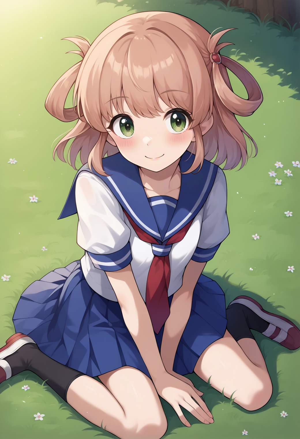 score_9, score_7_up, hd, (ultra hd quality details), source_anime, outdoors, grass,
solo, 1girl, rlrino, hair rings, medium hair, light brown hair, light green eyes, 
school uniform, blue sailor collar, white shirt, short sleeves, red neckherchief, blue skirt, black socks, shoes,
looking at viewer, blush, smile,
sitting, from above,
 <lora:_rino_pcr-elesico-pony:1>