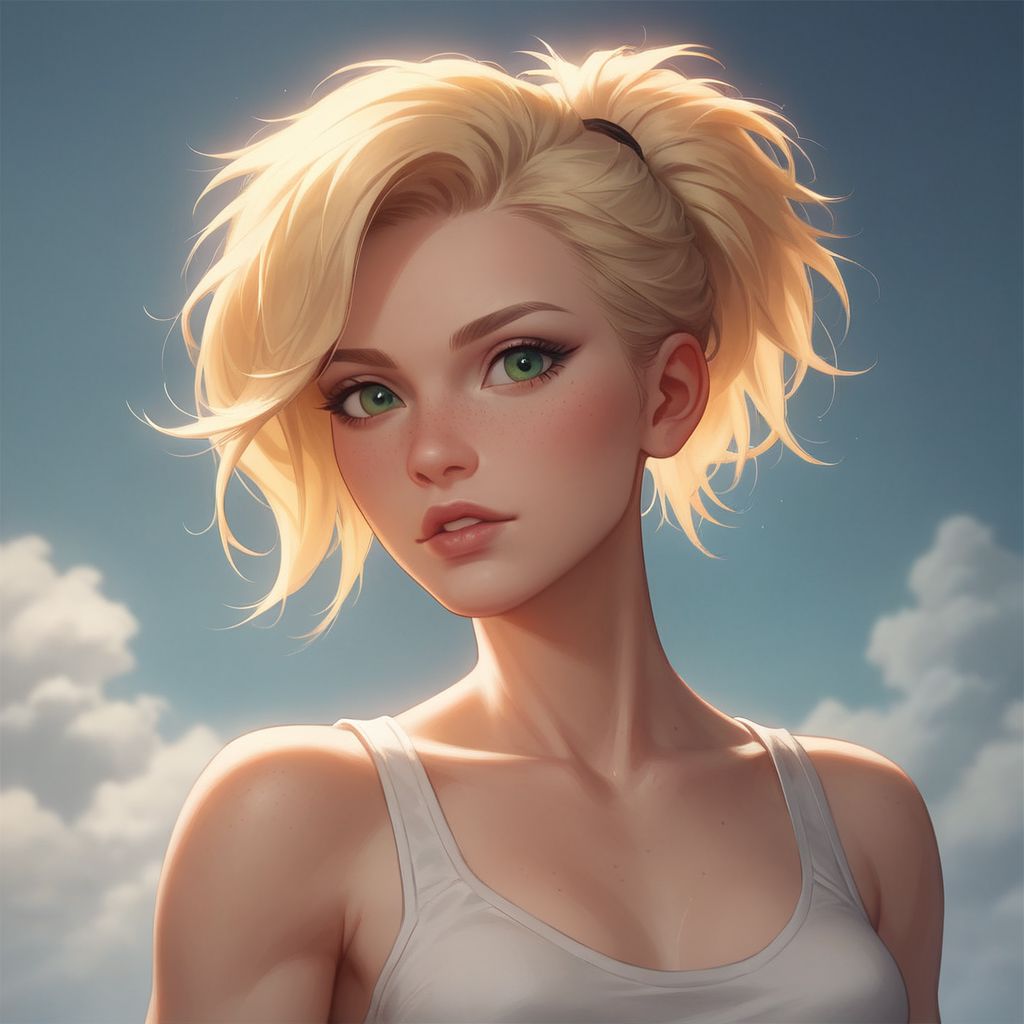 core_9, score_8_up, score_7_up, masterpiece, 
1girl, 18 years old, 
(fit body), full juicy lips, perfect green eyes,
(perfect perky (medium breasts)), 
(soft cute face),
(blonde hair messy ponytail), 
wearing white tank top and skimpy black skirt,