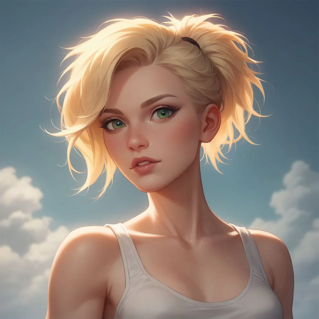core_9, score_8_up, score_7_up, masterpiece,
1girl, 18 years old,
(fit body), full juicy lips, perfect green eyes,
(perfect perky (medium breasts)),
(soft cute face),
(blonde hair messy ponytail),
wearing white tank top and skimpy black skirt,