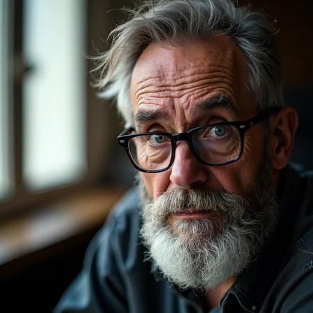 a professional portrait of an elderly man, likely in his late 60s or early 70s, he has a wrinkled, aged face with prominent cheekbones and a full, neatly trimmed beard, his eyes are large and almond-shaped, with a calm, contemplative expression, he wears thin, black-framed glasses that add a touch of intellectualism to his appearance, the man's hair is short and wavy, with some strands framing his face, the background is blurred, but it appears to be an indoor setting with soft, natural light streaming in from a window on the left, casting a warm glow on the subject, the overall mood of the portrait is introspective and slightly melancholic, with the subject's gaze directed towards the viewer, the photograph is rich in detail, capturing the texture of his skin and the folds of his clothing, emphasizing his age and the ruggedness of his face