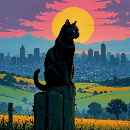 A painting of a cat sitting on a post in a field with a silhouette of the city in the background.
<lora:PopArt01a_CE_XL_300-OT:0.6> popartCE_style