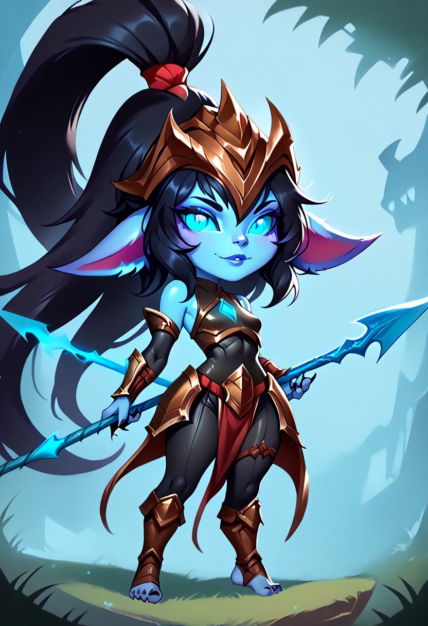 Score_9, score_8_up, score_7_up, yordle, short stature, shortstack, pointed ears, big eyes extra++, 1girl, yordle, short stature, shortstack, pointed ears, big eyes,  Cute
KalistaLoLXL, blue sclera, colored sclera, blue lips, blue eyes, glowing eyes, black hair, long hair, helmet with very long ponytail, blue skin, colored skin, small breasts, spear, armor, breadchest, bare shoulders, bodysuit only shirt, black bodysuit shirt, (armor covered chest), spears pierced, guantlets, loincloth, hips armor, thigh vent, greaves, barefoot