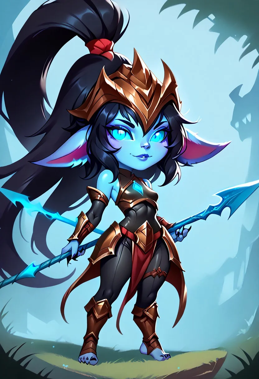 Score_9, score_8_up, score_7_up, yordle, short stature, shortstack, pointed ears, big eyes extra++, 1girl, yordle, short stature, shortstack, pointed ears, big eyes,  Cute
KalistaLoLXL, blue sclera, colored sclera, blue lips, blue eyes, glowing eyes, black hair, long hair, helmet with very long ponytail, blue skin, colored skin, small breasts, spear, armor, breadchest, bare shoulders, bodysuit only shirt, black bodysuit shirt, (armor covered chest), spears pierced, guantlets, loincloth, hips armor, thigh vent, greaves, barefoot