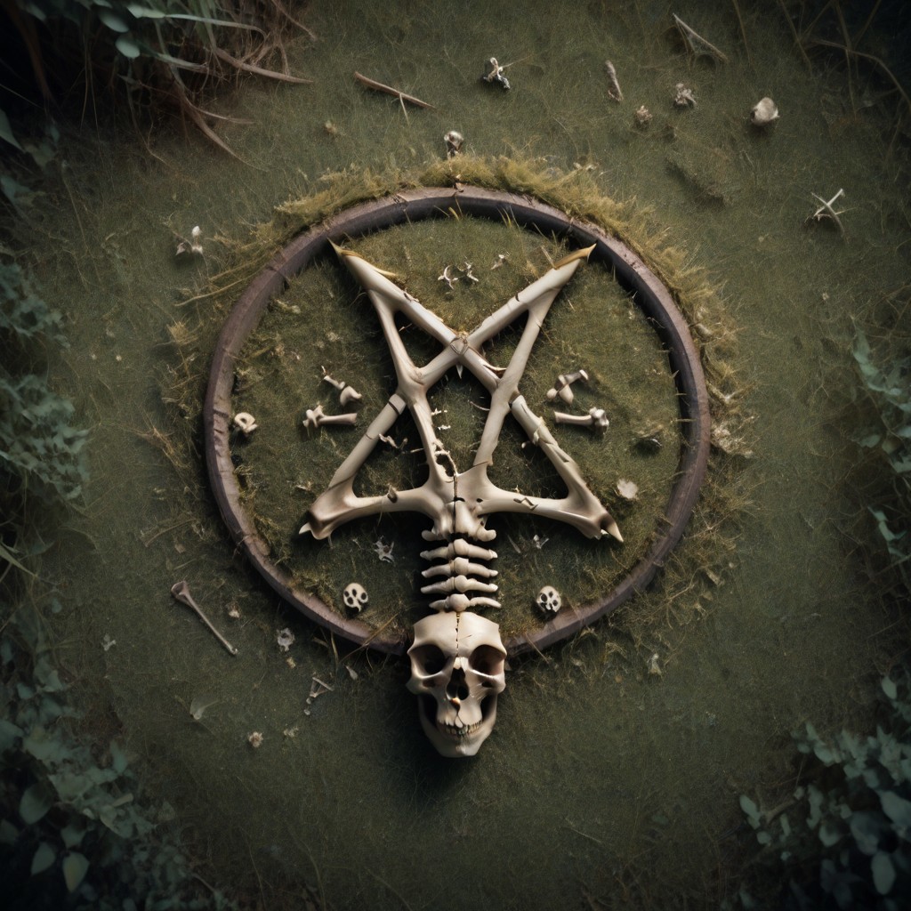 Photography.
score_9, score_8_up, score_8, score_9, masterpiece, ultra high quality, hd render, satan, satan symbols, pentagram, no humans, pentagram made of bones, bones on grass, view from above