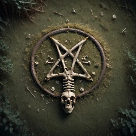 Photography.
score_9, score_8_up, score_8, score_9, masterpiece, ultra high quality, hd render, satan, satan symbols, pentagram, no humans, pentagram made of bones, bones on grass, view from above