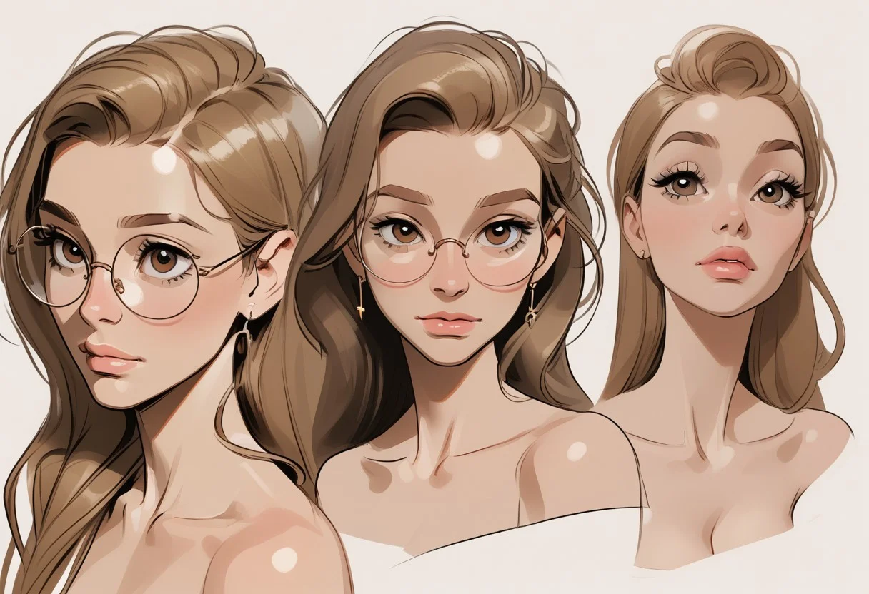 score_9, score_8_up, score_7_up, score_6_up, 1woman, , (big eyes:0.5), (cute face), gorgeous woman ,smaller neck, (mature woman), long hair, (anniehigmnf), light golden brown hair, brown eyes portrait, multiple views, flat-coloring, flat-shadows, thick-lines,, sketch-style, round glasses, small breasts, saggy boobs, puffy nipples