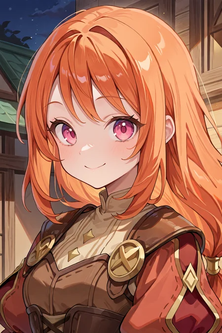 <lora:MonicaIL:0.8> , MoniDef, 1girl, pink eyes, long hair, orange hair, low-tied long hair, juliet sleeves, shoulder pads, patchwork clothes, layered dress, corset, brown corset, red sleeves, yellow juliet sleeves, ((face, close-up)), portrait, smile, night, looking at viewer, beige shirt, beige undershirt, masterpiece, very aesthetic, absurdres, best quality, amazing quality, high resolution, detailed background, <lora:illustrious_quality_modifiers_masterpieces_v1:0.8> , <lora:ChamIllustriousBackgroundEnhancer:0.5>,