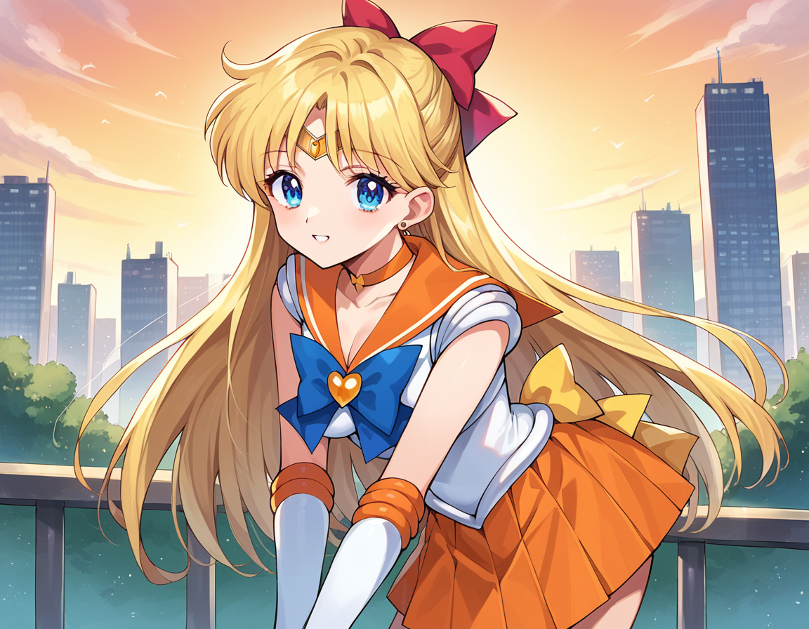 score_9, score_8_up, score_7_up, source_anime,
sailorvenus, <lora:sailor-venus-ponyxl-lora-nochekaiser:1>
sailor venus, blonde hair, blue eyes, bow, hair bow, half updo, long hair, red bow, tiara,
back bow, choker, elbow gloves, gloves, jewelry, magical girl, orange choker, orange sailor collar, orange skirt, sailor collar, sailor senshi uniform, school uniform, serafuku, skirt, white gloves,
outdoors, cityscape, bent over,
looking at viewer, cowboy shot, dutch angle,