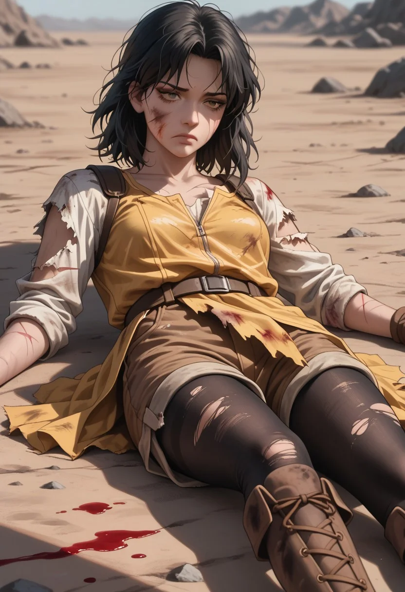 score_9, score_8_up, score_7_up, high quality, good quality, rendered details. High resolution, good quality face. Detailed, good quality textures. deep skin, skindentation, highly detailed, high resolution, high quality, highres, source_anime, anime screencap, saturation, vivid colors, 1girl, solo,
masterpiece, best quality, newest, absurdres, highres, blurry background, depth of field, shadow, very aesthetic, intricate, detailed,
magical girl dress, yellow steampunk dress, (brown shorts:1.2), utility belt, brown boots, brown gloves, black tights,
black hair, medium hair, messy hair,
looking down, blood, blood on clothes, blood on face, tired, battlefield, bloody, corpses, rubble, Battle Damage, cuts, bruises, damaged, torn clothes, blood, fortress, wasteland, desert, heavy rain, dark cloud, night sky, dark theme, light particles, ripped clothes, hurt, injured, scars, blood tears, blood pool, dying, broken sword, reclining on ruin,
ghostshell, retrostyle