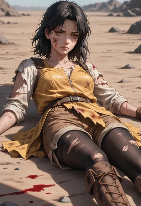 score_9, score_8_up, score_7_up, high quality, good quality, rendered details. High resolution, good quality face. Detailed, good quality textures. deep skin, skindentation, highly detailed, high resolution, high quality, highres, source_anime, anime screencap, saturation, vivid colors, 1girl, solo,
masterpiece, best quality, newest, absurdres, highres, blurry background, depth of field, shadow, very aesthetic, intricate, detailed,
magical girl dress, yellow steampunk dress, (brown shorts:1.2), utility belt, brown boots, brown gloves, black tights,
black hair, medium hair, messy hair,
looking down, blood, blood on clothes, blood on face, tired, battlefield, bloody, corpses, rubble, Battle Damage, cuts, bruises, damaged, torn clothes, blood, fortress, wasteland, desert, heavy rain, dark cloud, night sky, dark theme, light particles, ripped clothes, hurt, injured, scars, blood tears, blood pool, dying, broken sword, reclining on ruin,
ghostshell, retrostyle
