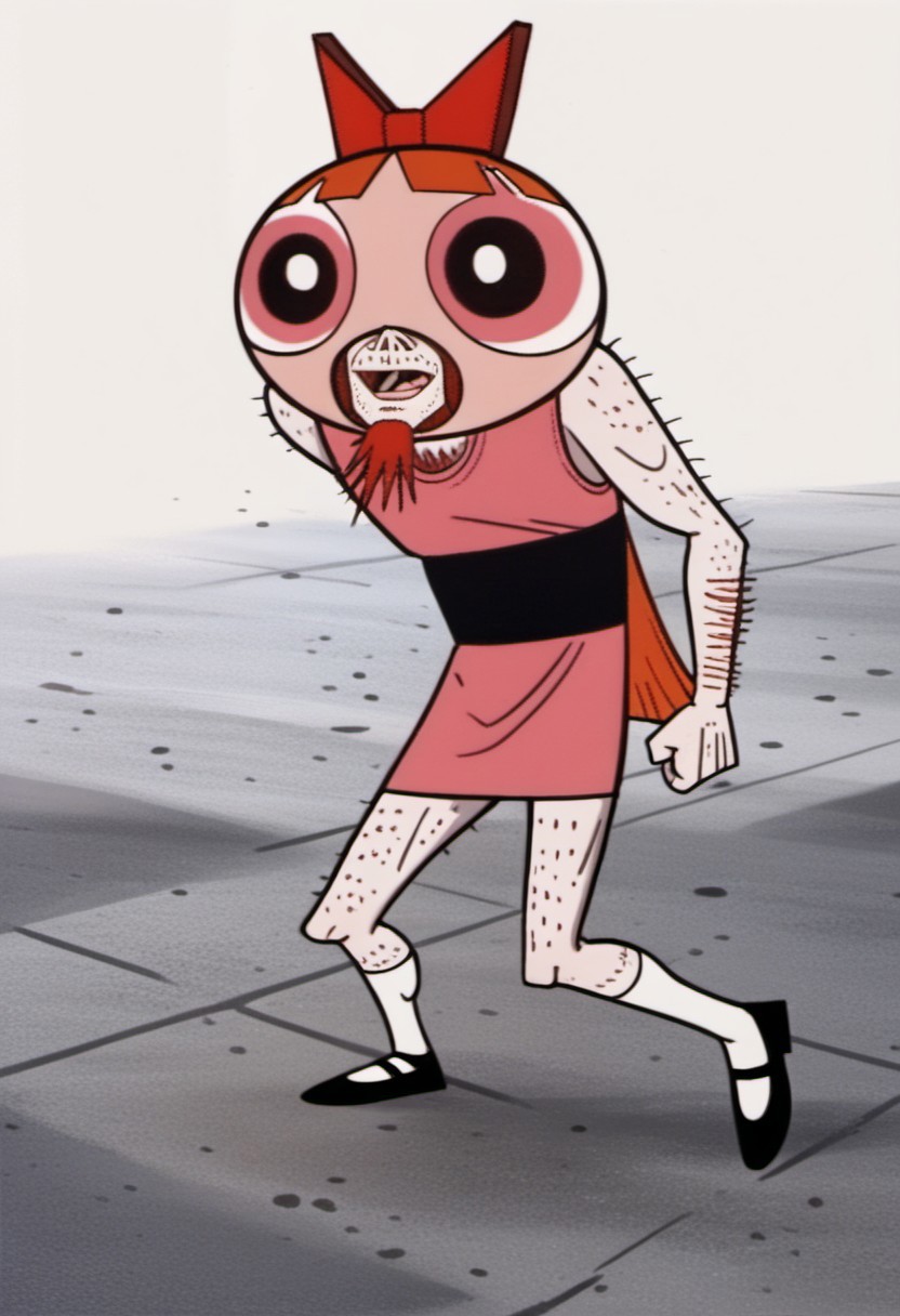 score_9, score_8_up, score_7_up, Solo, one character, front view, full body,
first  character, 1boy, adult, TrevorFakeBlossom, slim body, hairy body, fair skin, red-orange goatee beard, big oval-shaped mask, blossommask, red-orange waist-length hair, hair bangs, red bow on head, large eyes, pink eyes, small red dress with a black-centered stripe, white tights, black Mary Janes shoes,