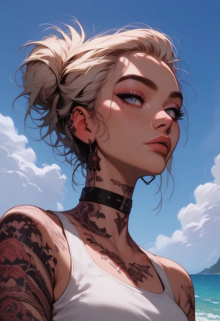 Score_9, Score8_up, Score_7_up, (((High Resolution, Best Quality))), 
1girl, solo, Covered in Tattoos, her hand on her head, brushing hair behind ear, 
Tanktop, cutoff, choker, 
On a Cliff overlooking a beach, Cloudy Sky,