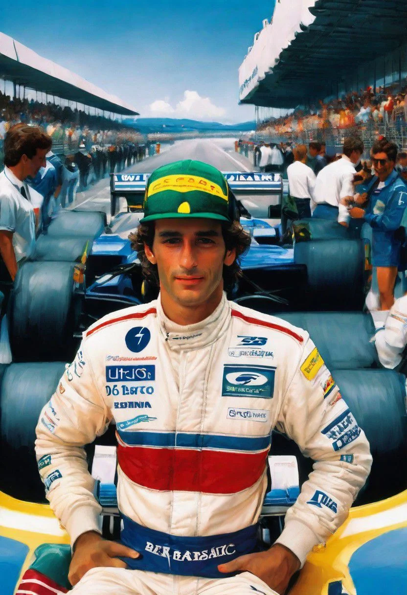 create a realistic, high quality portrait image of 1980s, Ayrton Senna, head and shoulders, Grand Prix,racing driver, racetrack,outdoors,sky blue,day, facing viewer, cloud, blue sky,_p_style, car Williams RacingTeam formula 1, wearing blue Williams Team Racing fire suit, barriers, <lora:VintagePPXL:1>, (masterpiece, best quality, ultra-detailed, best shadow), high contrast, (best illumination), ((cinematic light)), colourful, hyper detail, dramatic light, intricate details, ultra detailed artistic photography, lit from front ultra high definition, 8k, ultra sharp focus, ultra high quality, soft lighting, film photography, analogue photography, hyperrealism, no racing cars, spell Williams, include Ford logo, Brazil logo,Team Brazil racing leathers, realistic Yellow helmet, Team Brazil Helmet, green and blue stripe middle of helmet, clearly spelt graphics, clearly spelt text non suit and helmet, team Brazil logo on helmet, realistic shell logo badge on suit, realistic Ford logo, Williams, text, on top of helmet visa, helmet held, not worn helmet