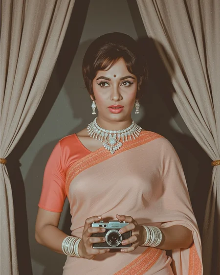 vintage magazine cover shoot featuring S4dh4n4, Bollywood star of the 60s, standing in front of a classic studio backdrop with draped curtains, holding an old camera, retro jewelry, styled in bold eyeliner and coral lipstick, monochrome or faded pastel tones, stylish pose
<lora:s4dh4n4_Sadhana_Flux_Kohya_V1b_500Steps:1.0> <lora:aidmaRealisticSkin-FLUX-v0.1:0.4000000000000001>