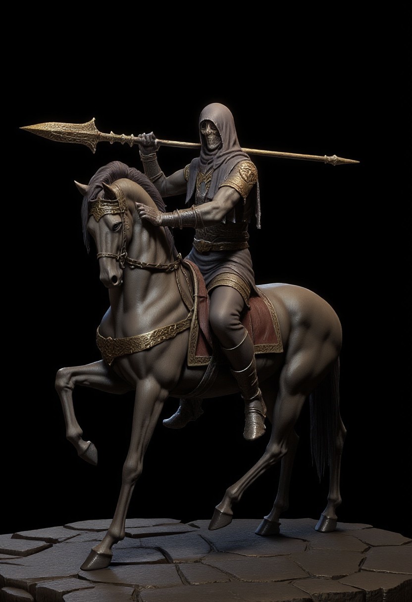 Obscure Centaur half human holding a bronze spear with engravings on it, the lower horse body is covered wit hleather and cloth armor 
Set against a solid dark black color background to emphasize its unnatural form that emphasizes its silhouette. 
The medium is not a traditional painting or illustrative medium like watercolor or ink but rather a digital 3D rendering. MikeFranchinastyle, bbstyle,, horror theme, ZBClay model of a gray sculpture, zbrush, d4arks0uls, overcast lighting, jedioutfit