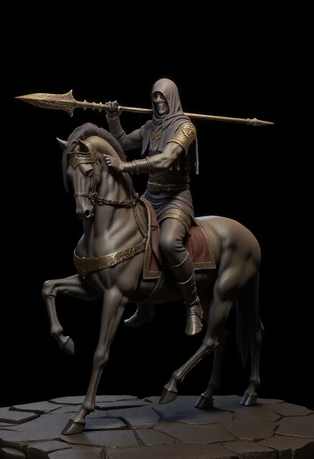 Obscure Centaur half human holding a bronze spear with engravings on it, the lower horse body is covered wit hleather and cloth armor
Set against a solid dark black color background to emphasize its unnatural form that emphasizes its silhouette.
The medium is not a traditional painting or illustrative medium like watercolor or ink but rather a digital 3D rendering. MikeFranchinastyle, bbstyle,, horror theme, ZBClay model of a gray sculpture, zbrush, d4arks0uls, overcast lighting, jedioutfit