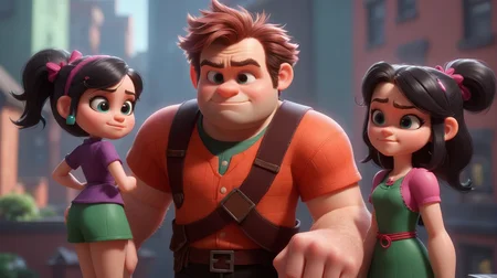 (wreck it ralph and vanellope:1.1), (having a conversation:1.1), full body, stoic demeanor, best quality, highly detailed, sharp focus, natural lighting, vivid colors, texture detail, particle effects, storytelling elements, narrative flair, 8k, UE5, HDR, subject-background isolation, (rooftop background:1.1), light rays,