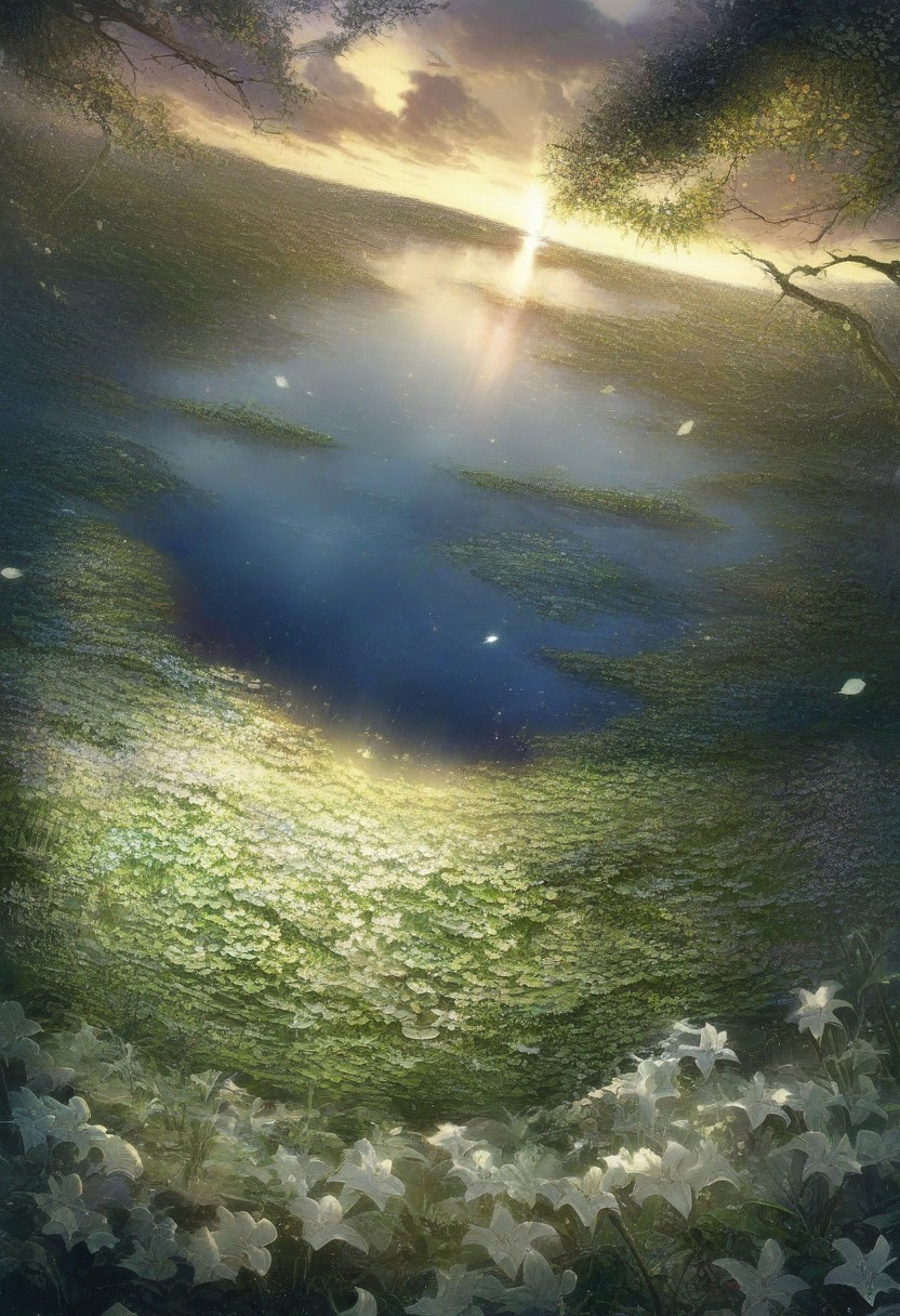 detailed background, from above,( Calm spring night landscape), amongst lush greenery, beautiful view, Flower Field, lily flower in full bloom, lily flower, early morning, sunrise sky, beautiful clouds, dappled sunlight, beautiful, Tranquil Lake, Walkway, petals dancing in the wind, depth of field, masterpiece, best quality, ultra-detailed, very aesthetic, illustration, perfect composition, intricate details, absurdres, moody lighting, wisps of light, no humans,