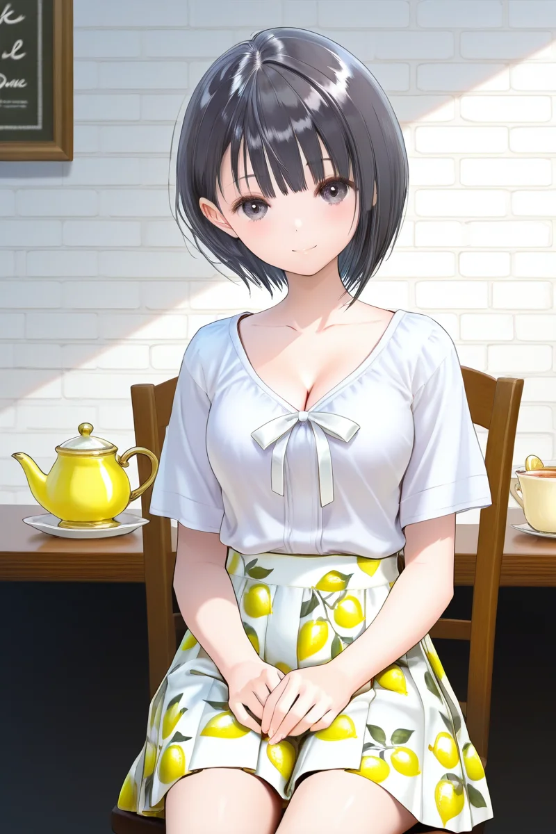 <lora:Shirai_Hinako_Blue_Reflection_illus:1>Shirai Hinako, lemon print skirt, casual outfit, 1girl, solo, looking at viewer, short hair, bangs, skirt, shirt, black hair, cafe background, closed mouth, sitting on the chair, table with sponge cake teapot and cup of tea, collarbone, white shirt, short sleeves, cowboy shot, medium pleated skirt, food, black eyes, gradient, fruit, bob cut, white skirt, lemon print skirt, anime color, cleavage, seductive smile, young-adult, <lora:Add_more_details_pony:0.8> brick wall,