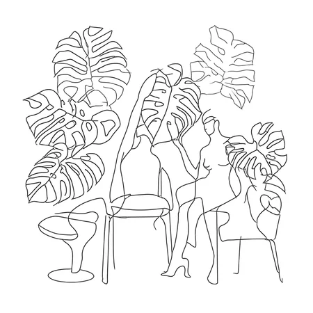 aaAR7la, masterpiece, best quality, aesthetic, highres, simple background, white background, Black-and-white, one line drawing, lineart, multiple people, outline, abstract, see-through, transparent, faceless, sitting, invisible chair, full body, intriguing details, dancing, Monstera deliciosa, plants, leaves