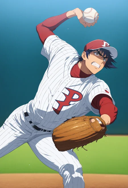 masterpiece,high score,great score,absurdres,goro shigeno,baseball mitt,baseball uniform,baseball,1boy,male focus,solo,clenched teeth,teeth,sportswear,hat,baseball cap,blurry,baseball bat,upper body,blurry background,holding,ball,holding ball,shirt,all japan team baseball jersey,red shirt,official art,<lora:Goro_Shigeno_V1-1:1>,throwing,pitching,