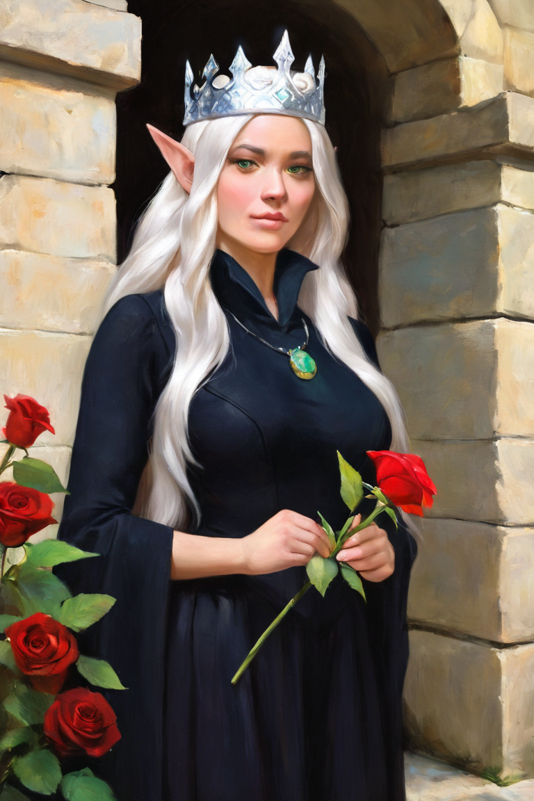 masterpiece, best quality, highres, newest, oil painting, traditional media, realistic, 1girl, solo, mature female, elf, pointy ears, breasts, long hair, very long hair, white hair, green eyes, portrait, looking at viewer, medium breasts, high collar, long dress, black dress, crown, silver crown, holding, holding flower, rose, red rose, necklace, jewelry, closed mouth, cowboy shot, standing, outdoors, castle <lora:Oil Painting [LoRA] - NoobAI-XL EPS 1.0:0.8>