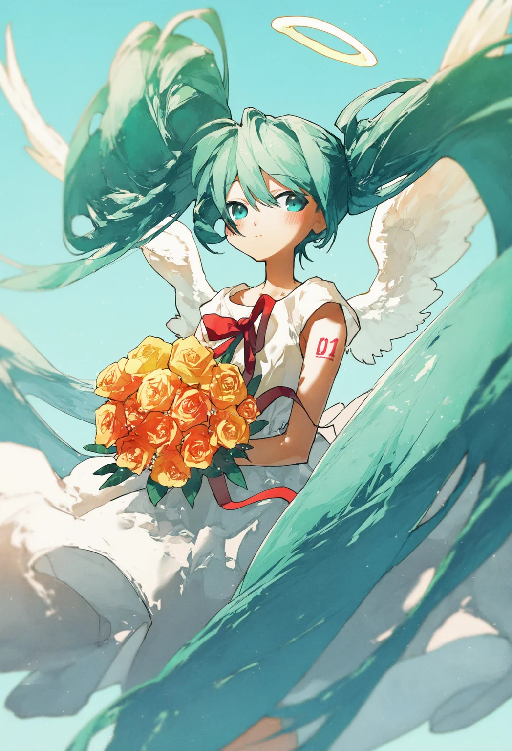 1girl, hatsune miku,
long hair, solo, bouquet, flower, dress, very long hair, twintails, halo, white dress, holding bouquet, yellow flower, holding, sleeveless, bangs, looking at viewer, sleeveless dress, sky, ribbon, wings, floating hair, closed mouth, blue sky, orange flower, rose, red ribbon, blue eyes, aqua eyes, absurdly long hair, blue background, angel wings, angel, white wings, aqua hair, yellow rose, aqua background, blush,
.
masterpiece, best quality, very aesthetic, absurdres
<lora:potgfornoob:0.95>